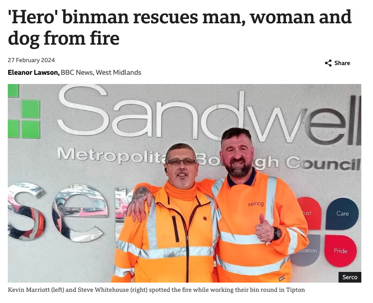 sportswear - 'Hero' binman rescues man, woman and dog from fire Eleanor Lawson, Bbc News, West Midlands Sandwell Metropolit Bo gh Council se serco ust Care Kevin Marriott left and Steve Whitehouse right spotted the fire while working their bin round in Ti
