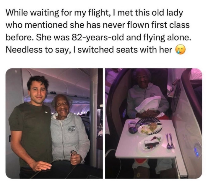 presentation - While waiting for my flight, I met this old lady who mentioned she has never flown first class before. She was 82yearsold and flying alone. Needless to say, I switched seats with her