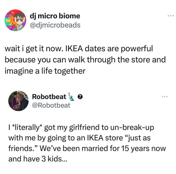 dudes posting their w - dj micro biome wait i get it now. Ikea dates are powerful because you can walk through the store and imagine a life together Robotbeat I literally got my girlfriend to unbreakup with me by going to an Ikea store "just as friends." 