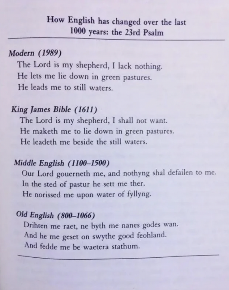 document - How English has changed over the last 1000 years the 23rd Psalm Modern 1989 The Lord is my shepherd, I lack nothing. He lets me lie down in green pastures. He leads me to still waters. King James Bible 1611 The Lord is my shepherd, I shall not 