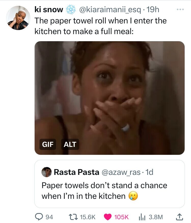 facial expression - ki snow . 19h The paper towel roll when I enter the kitchen to make a full meal Gif Alt Rasta Pasta . 1d Paper towels don't stand a chance when I'm in the kitchen 94 Il 3.8M