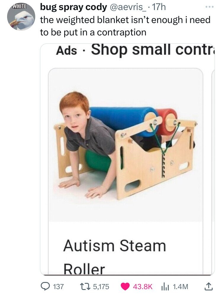 human behavior - White bug spray cody . 17h the weighted blanket isn't enough i need to be put in a contraption Ads Shop small contr Autism Steam Roller 137 15,175 1.4M