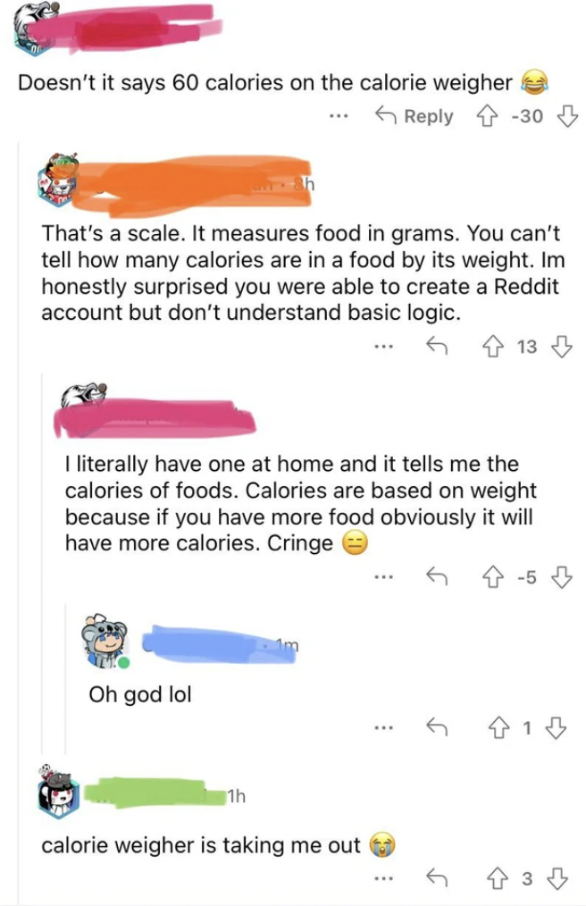 web page - Doesn't it says 60 calories on the calorie weigher 30 That's a scale. It measures food in grams. You can't tell how many calories are in a food by its weight. Im honestly surprised you were able to create a Reddit account but don't understand b