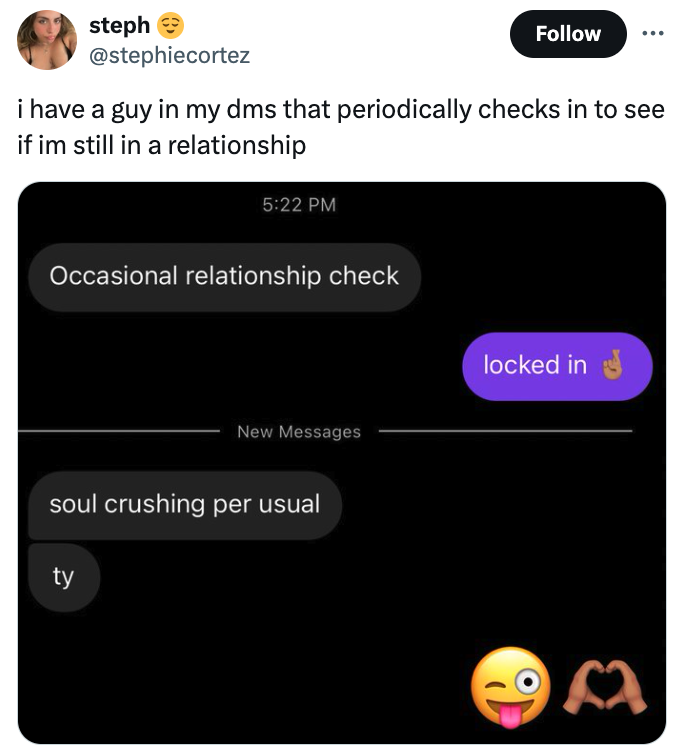 multimedia - steph i have a guy in my dms that periodically checks in to see if im still in a relationship Occasional relationship check New Messages soul crushing per usual ty locked in