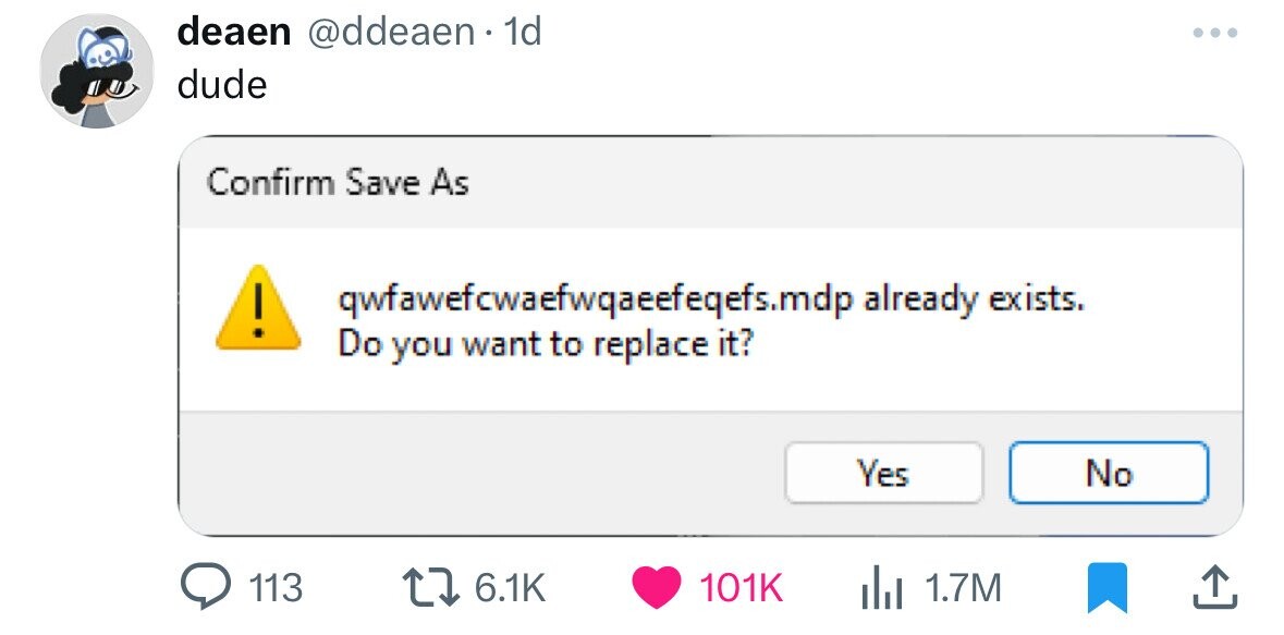 number - deaen 1d dude Confirm Save As . qwfawefcwaefwqaeefeqefs.mdp already exists. Do you want to replace it? Yes No 113 1 ili 1.7M
