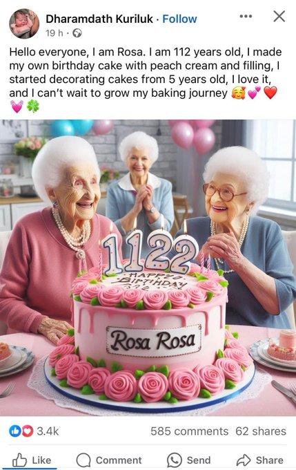 birthday party - Dharamdath Kuriluk. 19 h. Hello everyone, I am Rosa. I am 112 years old, I made my own birthday cake with peach cream and filling, I started decorating cakes from 5 years old, I love it, and I can't wait to grow my baking journey 1122 Hap