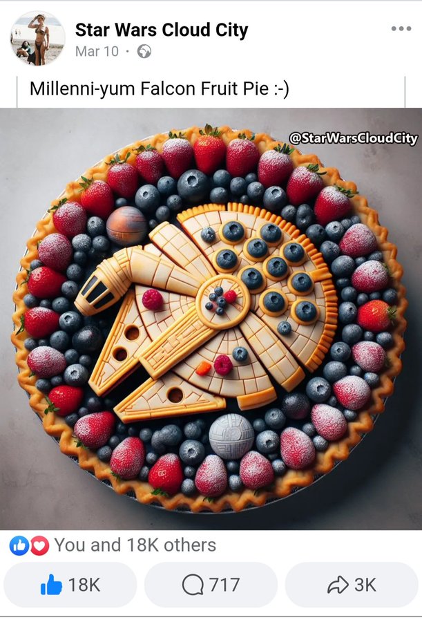 circle - Star Wars Cloud City Mar 10. Millenniyum Falcon Fruit Pie You and 18K others 18K Q