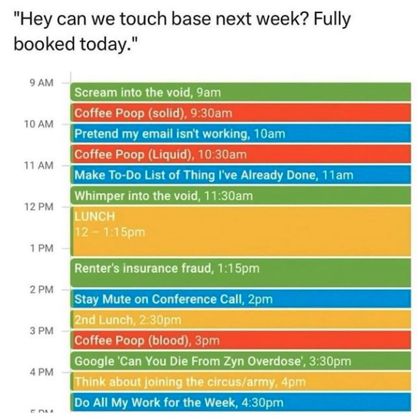 screenshot - "Hey can we touch base next week? Fully booked today." 9 Am Scream into the void, 9am Coffee Poop solid, am 10 Am Pretend my email isn't working, 10am 11 Am 12 Pm 1PM 2 Pm 3 Pm 4 Pm Coffee Poop Liquid, am Make ToDo List of Thing I've Already 
