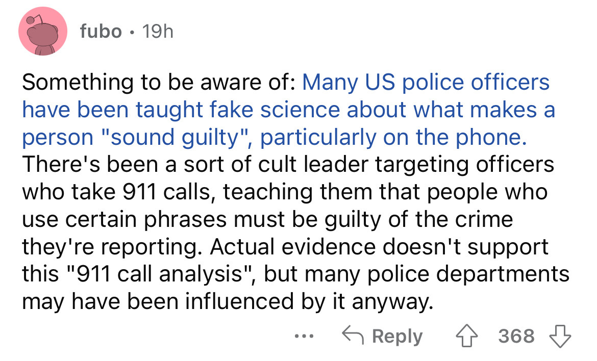 screenshot - fubo 19h . Something to be aware of Many Us police officers have been taught fake science about what makes a person "sound guilty", particularly on the phone. There's been a sort of cult leader targeting officers who take 911 calls, teaching 
