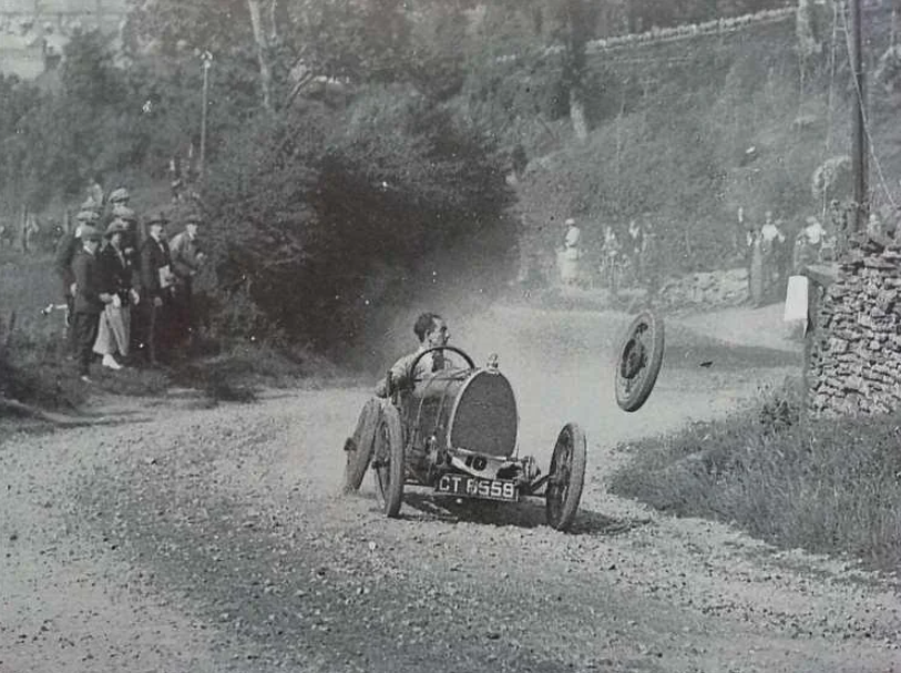 [March 1st, 1924] Raymond Mays losing a wheel during the Caerphilly Hill Climb. Caerphilly, Wales, UK.