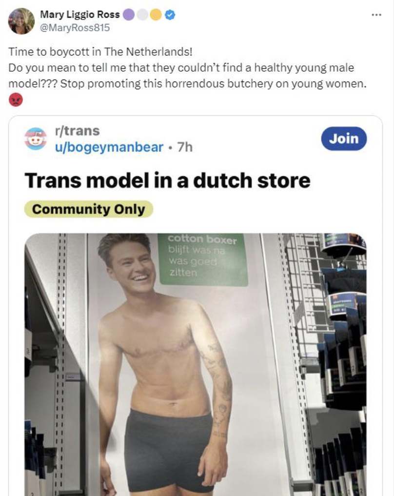 shoulder - Mary Liggio Ross Time to boycott in The Netherlands! Do you mean to tell me that they couldn't find a healthy young male model??? Stop promoting this horrendous butchery on young women. rtrans ubogeymanbear 7h Trans model in a dutch store Commu
