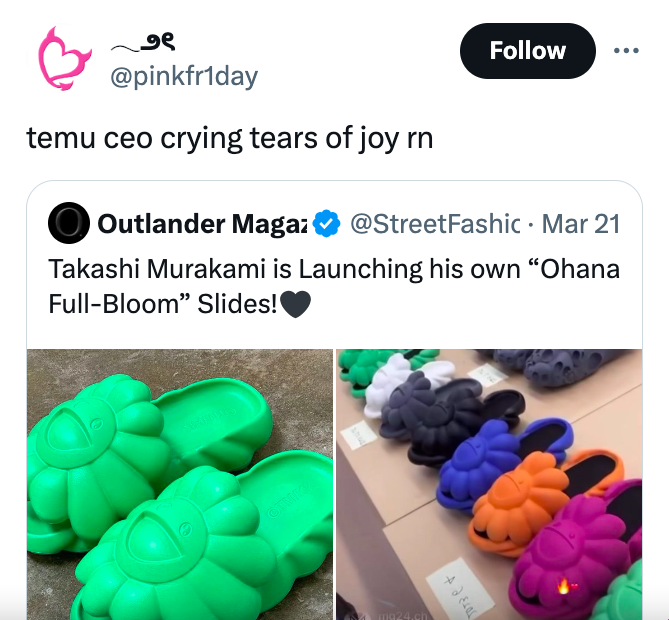 plastic - temu ceo crying tears of joy rn Outlander Magaz Mar 21 Takashi Murakami is Launching his own "Ohana FullBloom" Slides! Otmky mg24.ch Tots et