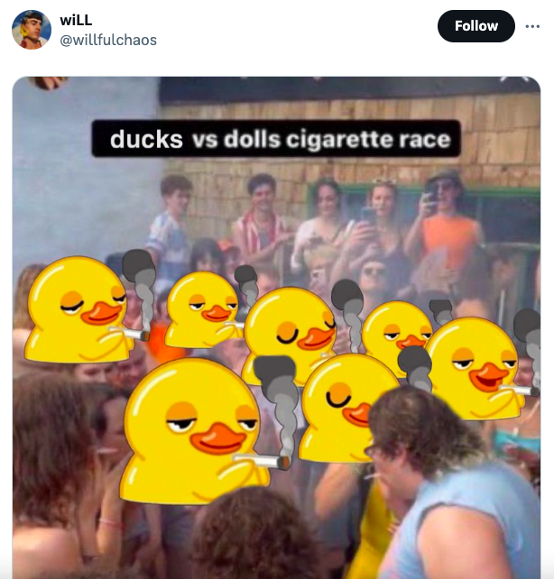 photo caption - Will ducks vs dolls cigarette race