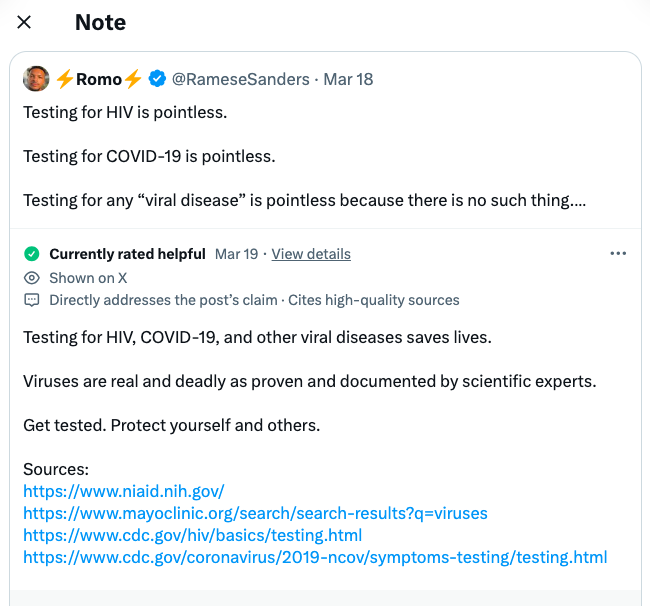 document - Note Romo Mar 18 Testing for Hiv is pointless. Testing for Covid19 is pointless. Testing for any "viral disease" is pointless because there is no such thing.... Currently rated helpful Mar 19 View details Shown on X Directly addresses the post'