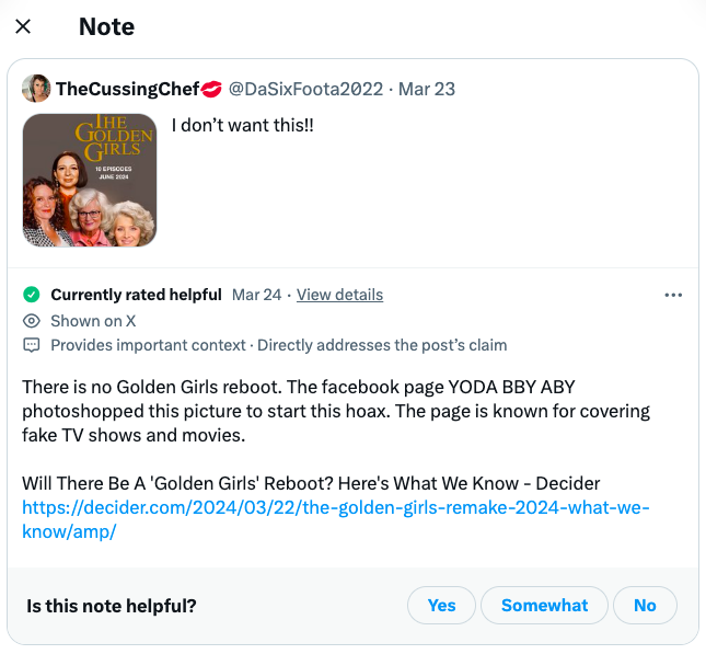 web page - Note The CussingChef Foota2022. Mar 23 The Golden Girls 10 Episodes I don't want this!! Currently rated helpful Mar 24 View details Shown on X Provides important context. Directly addresses the post's claim There is no Golden Girls reboot. The 