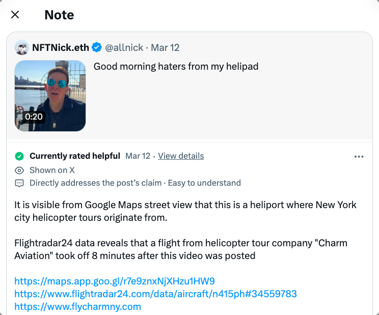 media - Note NFTNick.eth Mar 12 Good morning haters from my helipad Currently rated helpful Mar 12 View details Shown on X Directly addresses the post's claim Easy to understand It is visible from Google Maps street view that this is a heliport where New 