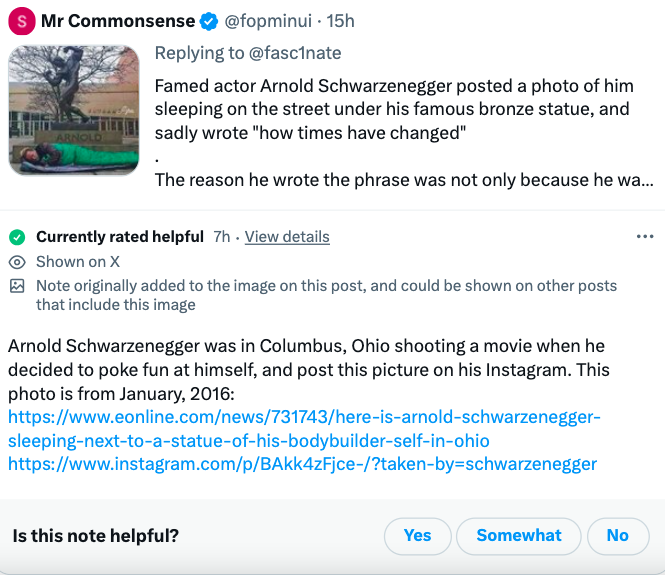 web page - S Mr Commonsense Arnold . 15h Famed actor Arnold Schwarzenegger posted a photo of him sleeping on the street under his famous bronze statue, and sadly wrote "how times have changed" The reason he wrote the phrase was not only because he wa... C