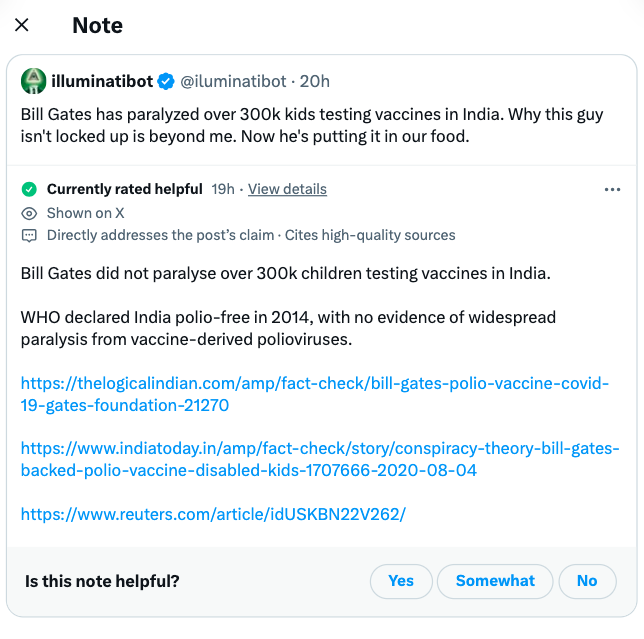 document - Note illuminatibot 20h Bill Gates has paralyzed over kids testing vaccines in India. Why this guy isn't locked up is beyond me. Now he's putting it in our food. Currently rated helpful 19h View details Shown on X Directly addresses the post's c