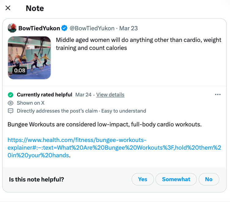 web page - Note BowTied Yukon Yukon Mar 23 Middle aged women will do anything other than cardio, weight training and count calories Currently rated helpful Mar 24. View details Shown on X Directly addresses the post's claim Easy to understand Bungee Worko