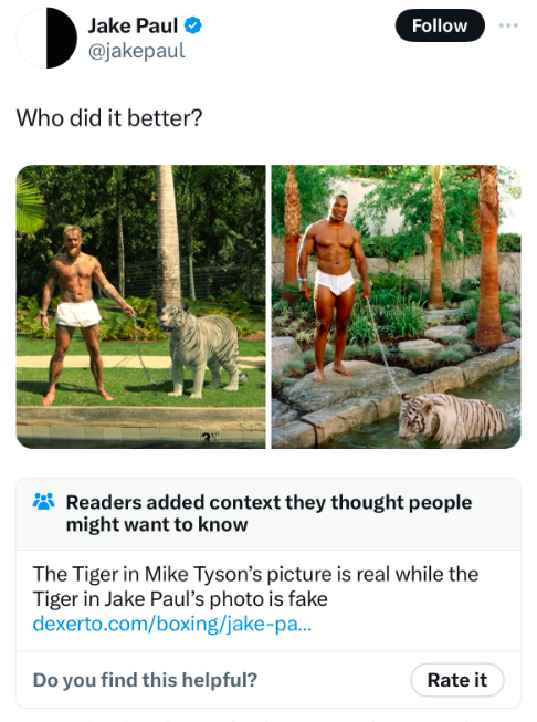 tree - Jake Paul Who did it better? Readers added context they thought people might want to know The Tiger in Mike Tyson's picture is real while the Tiger in Jake Paul's photo is fake dexerto.comboxingjakepa... Do you find this helpful? Rate it