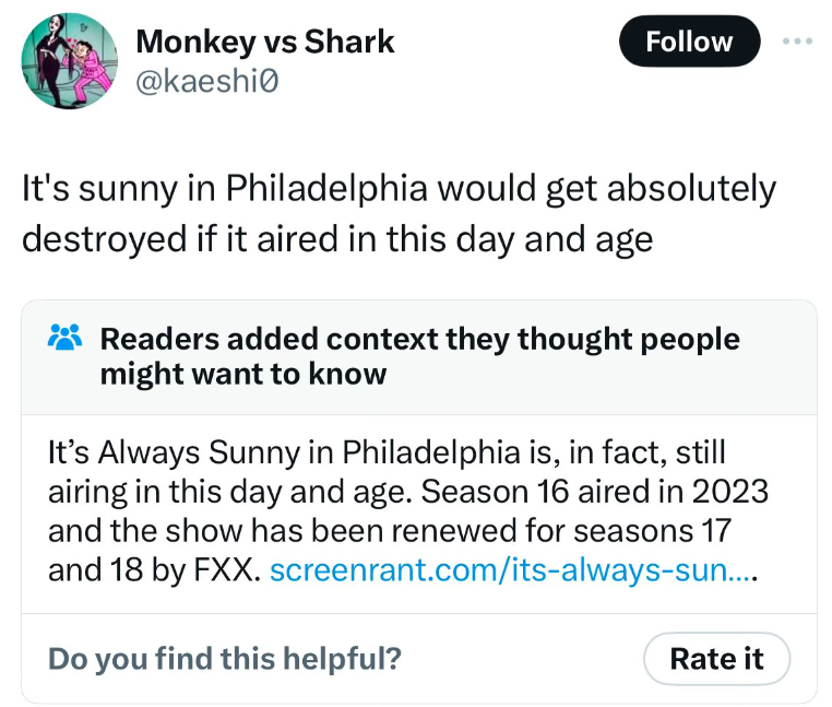 angle - Monkey vs Shark It's sunny in Philadelphia would get absolutely destroyed if it aired in this day and age Readers added context they thought people might want to know It's Always Sunny in Philadelphia is, in fact, still airing in this day and age.