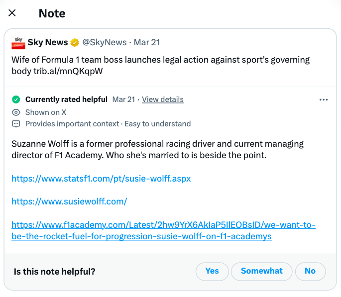 document - Note Sky News Mar 21 . Wife of Formula 1 team boss launches legal action against sport's governing body trib.almnQkqpW Currently rated helpful Mar 21 View details Shown on X Provides important context. Easy to understand Suzanne Wolff is a form