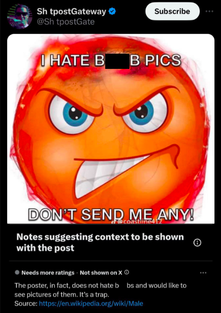 orange - Sh tpostGateway tpostGate Subscribe I Hate B B Pics Don'T Send Me Any! Notes suggesting context to be shown with the post Needs more ratings Not shown on X The poster, in fact, does not hate b bs and would to see pictures of them. It's a trap. So