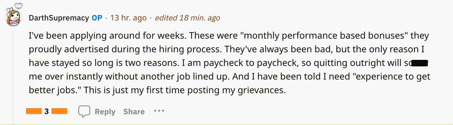 paper - DarthSupremacy Op 13 hr. ago edited 18 min. ago I've been applying around for weeks. These were "monthly performance based bonuses" they proudly advertised during the hiring process. They've always been bad, but the only reason I have stayed so lo