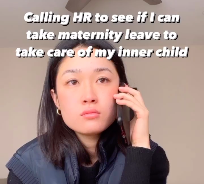 photo caption - Calling Hr to see if I can take maternity leave to take care of my inner child