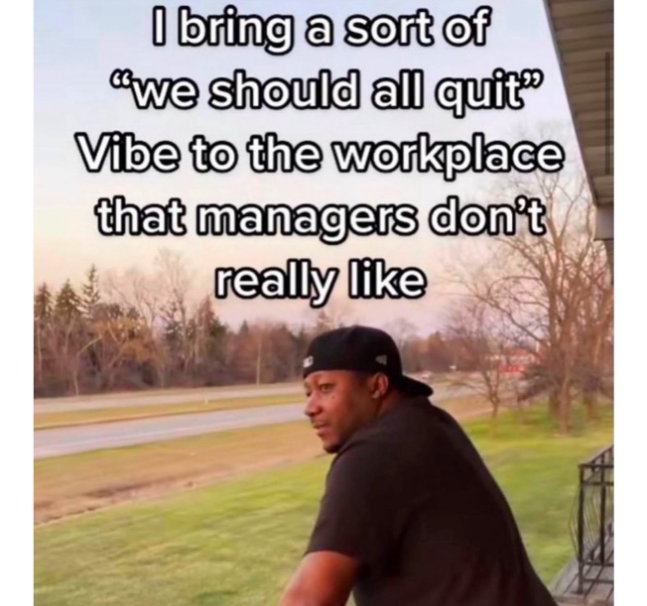bring a sort of vibe meme - I bring a sort of "we should all quit" Vibe to the workplace that managers don't really