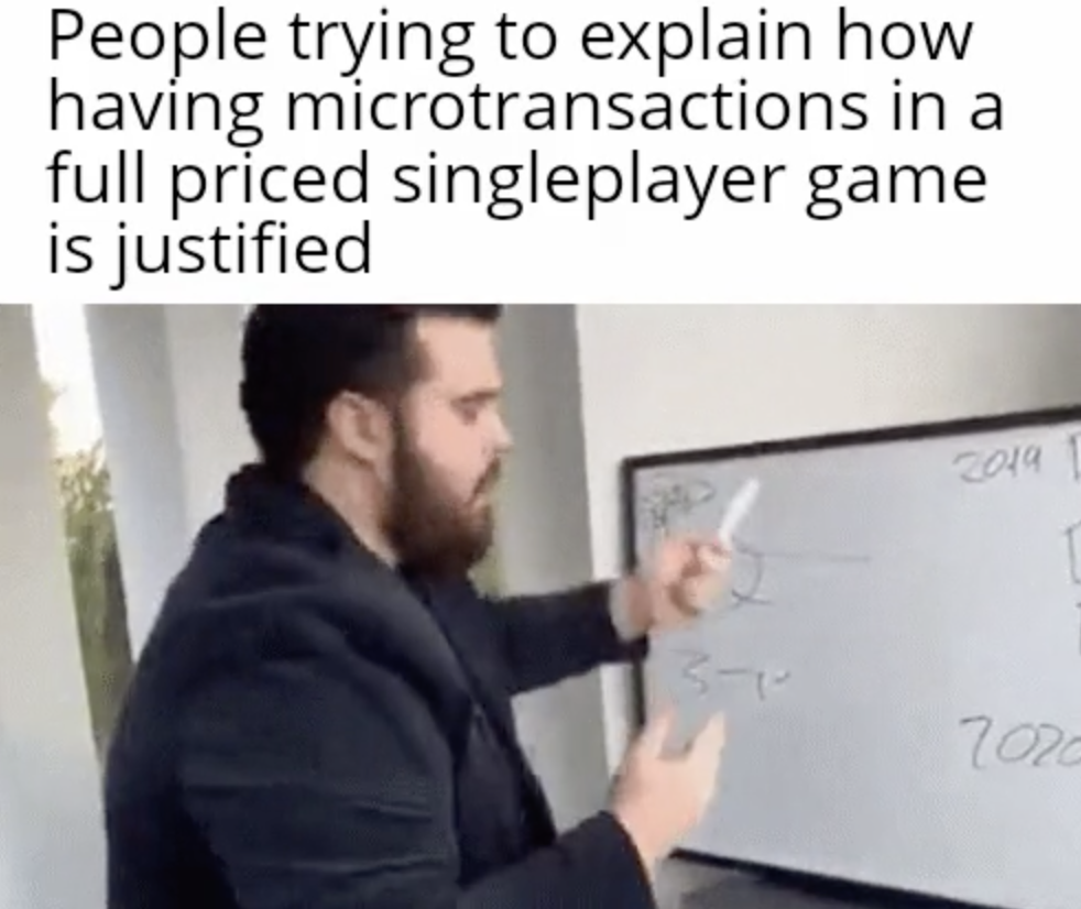 presentation - People trying to explain how having microtransactions in a full priced singleplayer game is justified 2019