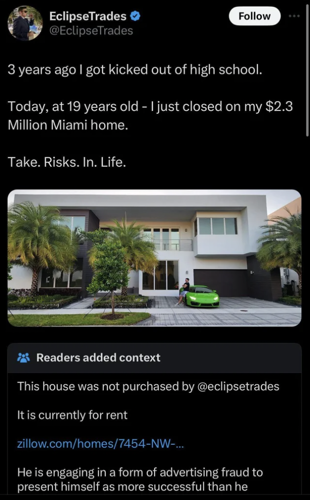 eclipsetrades - EclipseTrades 3 years ago I got kicked out of high school. Today, at 19 years old I just closed on my $2.3 Million Miami home. Take. Risks.In. Life. Readers added context This house was not purchased by It is currently for rent zillow.comh