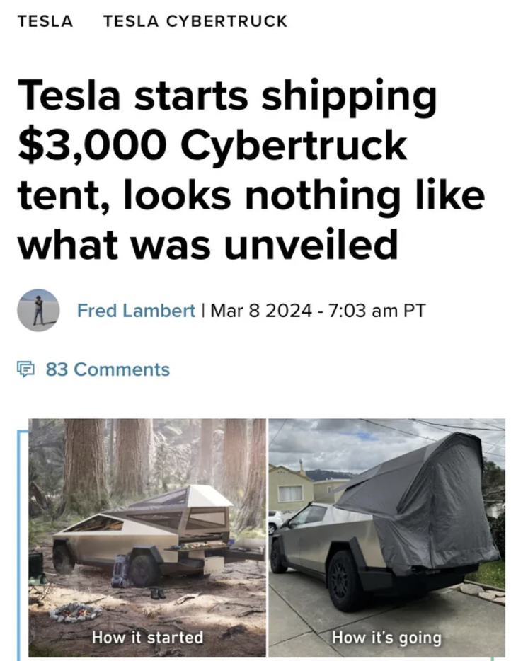family car - Tesla Tesla Cybertruck Tesla starts shipping $3,000 Cybertruck tent, looks nothing what was unveiled Fred Lambert | Pt 83 How it started How it's going