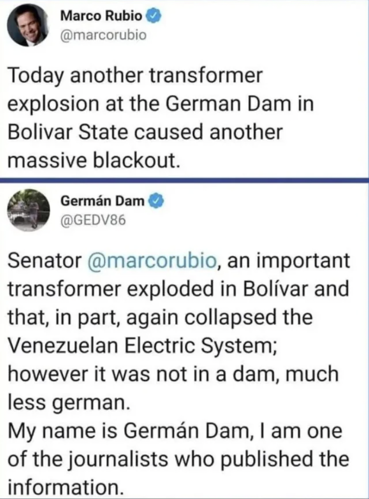 paper - Marco Rubio Today another transformer explosion at the German Dam in Bolivar State caused another massive blackout. Germn Dam Senator , an important transformer exploded in Bolvar and that, in part, again collapsed the Venezuelan Electric System; 