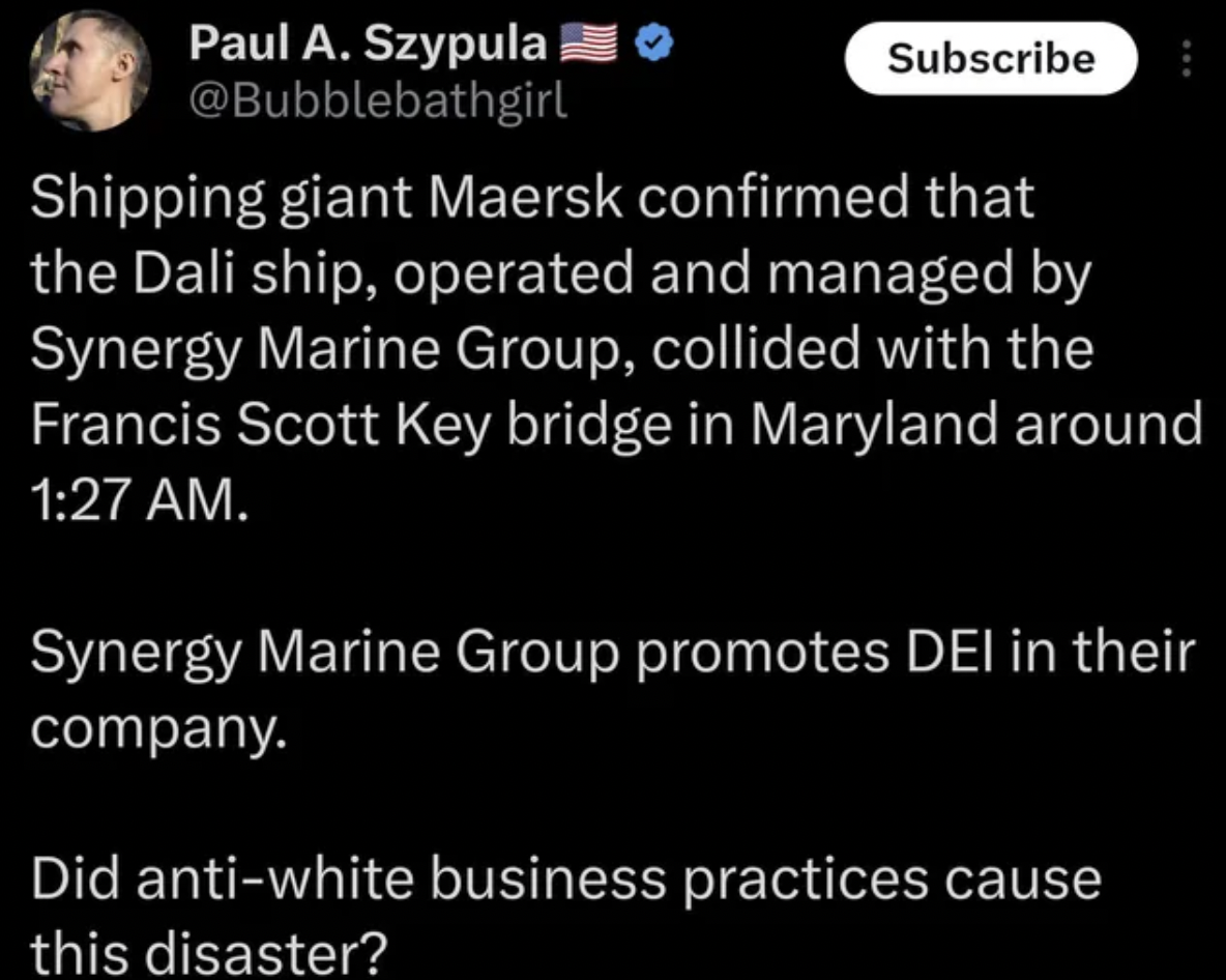 atmosphere - Paul A. Szypula Subscribe Shipping giant Maersk confirmed that the Dali ship, operated and managed by Synergy Marine Group, collided with the Francis Scott Key bridge in Maryland around . Synergy Marine Group promotes Dei in their company. Di