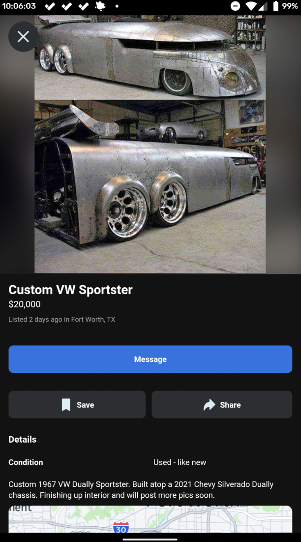 multimedia - 03 Custom Vw Sportster $20,000 Listed 2 days ago in Fort Worth, Tx Save Message 26157 Details Condition Used new Custom 1967 Vw Dually Sportster Built atop a 2021 Chevy Silverado Dually chassis. Finishing up interior and will post more pics s