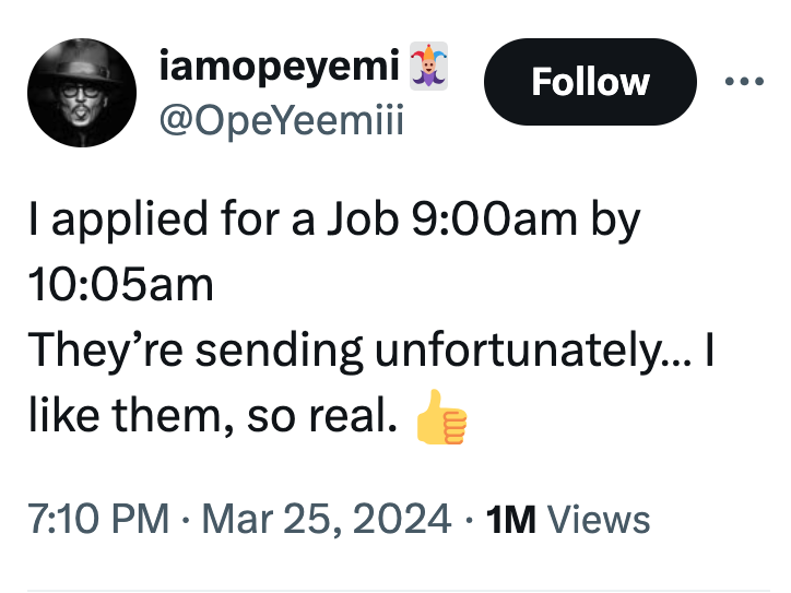 screenshot - iamopeyemi I applied for a Job am by am They're sending unfortunately... I them, so real. 1M Views