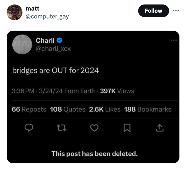 screenshot - matt Charli bridges are Out for 2024 32424 From Earth Views . 66 Reposts 108 Quotes 188 Bookmarks 27 This post has been deleted.
