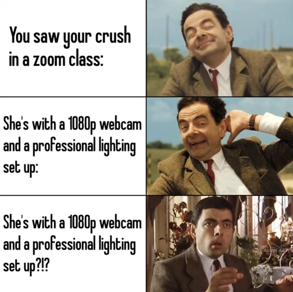 collage - You saw your crush in a zoom class She's with a 1080p webcam and a professional lighting set up She's with a 1080p webcam and a professional lighting set up?!? An A