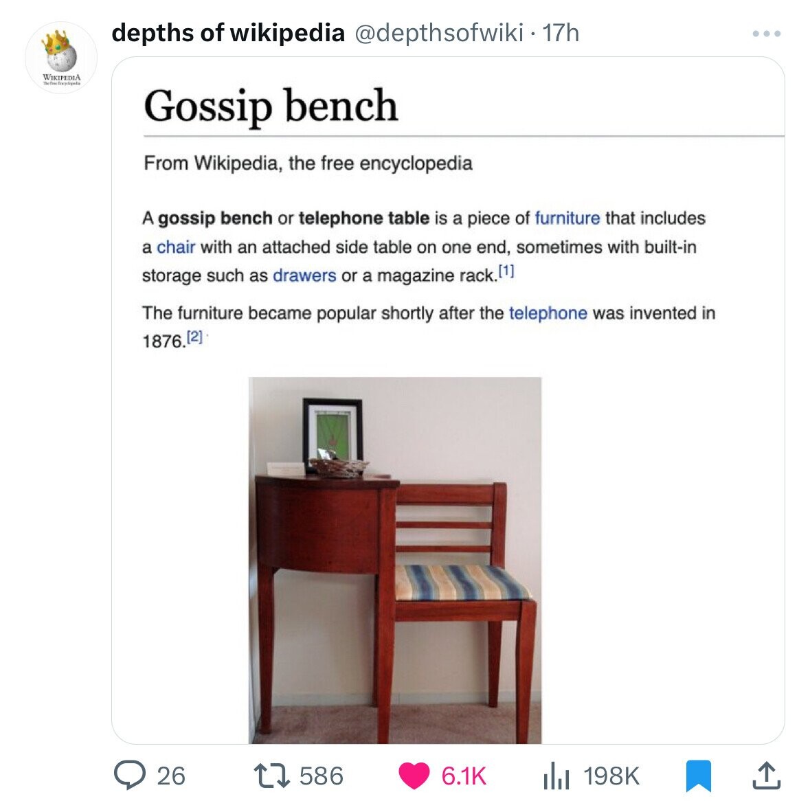 shelf - Wikipedia The Tow cykel depths of wikipedia . 17h Gossip bench From Wikipedia, the free encyclopedia A gossip bench or telephone table is a piece of furniture that includes a chair with an attached side table on one end, sometimes with builtin sto