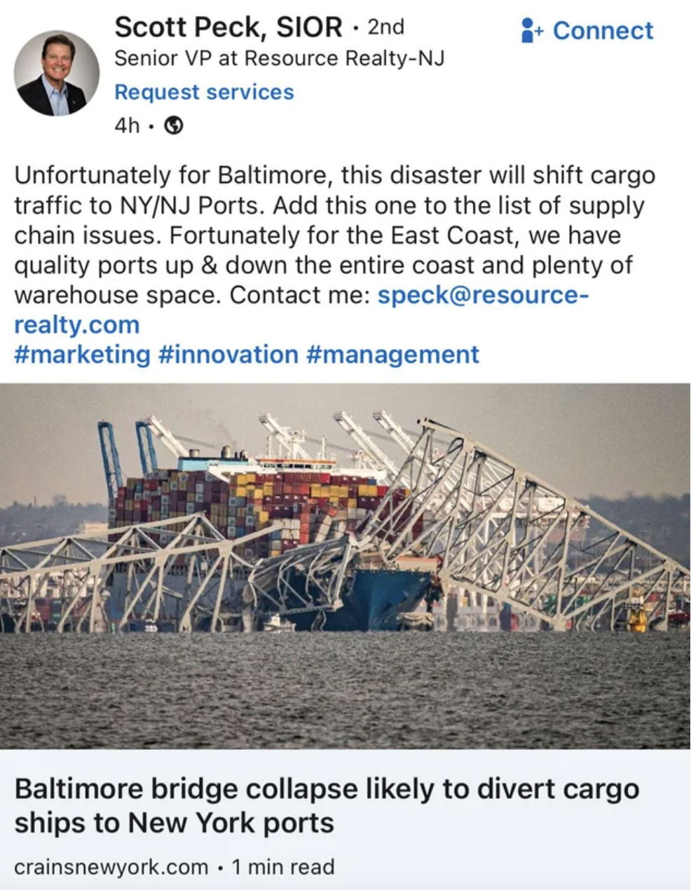 water resources - Scott Peck, Sior 2nd Senior Vp at Resource RealtyNj Request services 4h Connect Unfortunately for Baltimore, this disaster will shift cargo traffic to NyNj Ports. Add this one to the list of supply chain issues. Fortunately for the East 