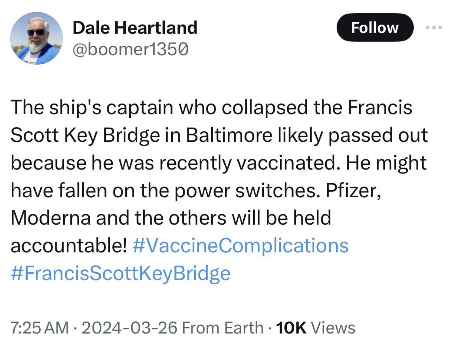document - Dale Heartland The ship's captain who collapsed the Francis Scott Key Bridge in Baltimore ly passed out because he was recently vaccinated. He might have fallen on the power switches. Pfizer, Moderna and the others will be held accountable! Com