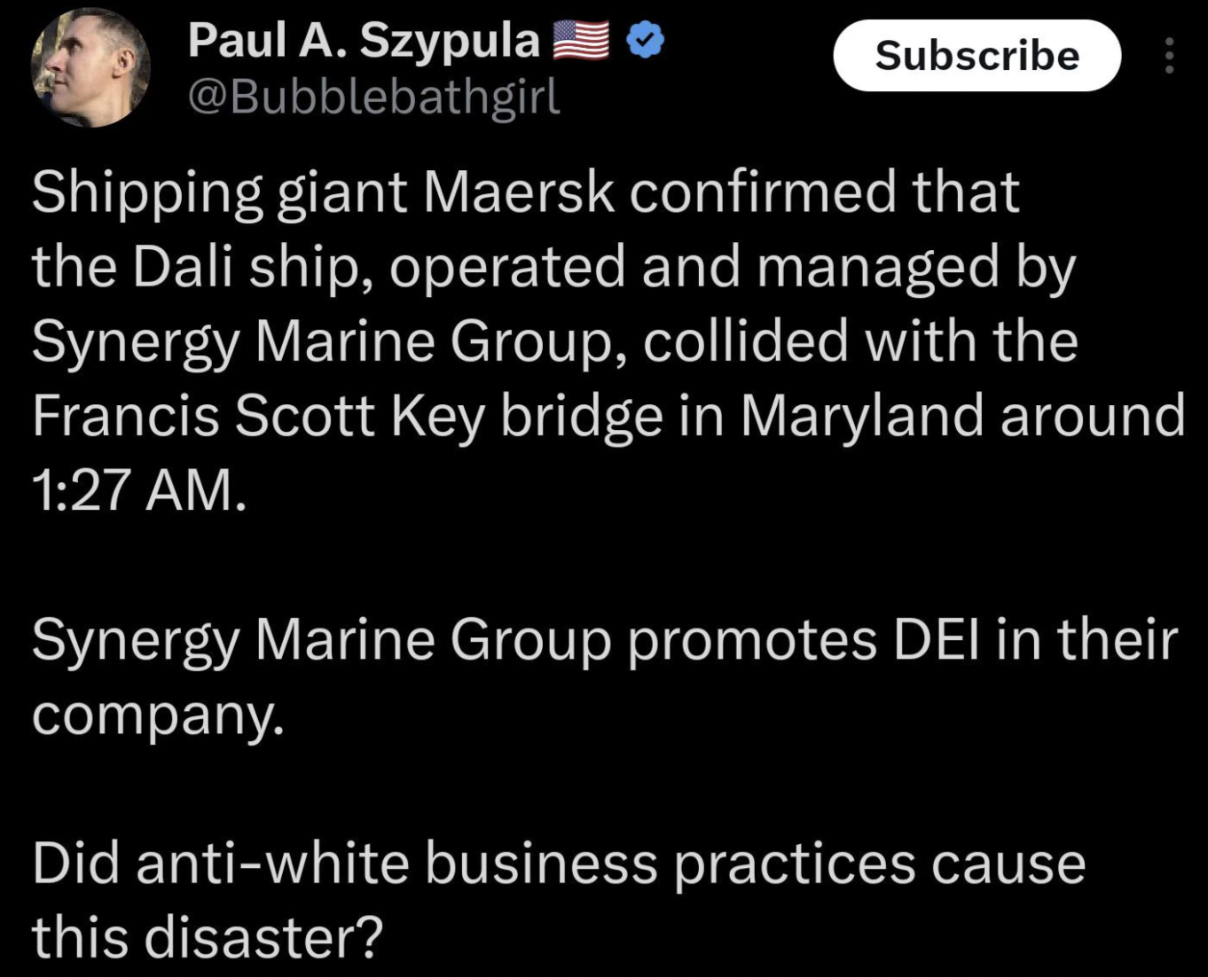 screenshot - Paul A. Szypula Subscribe B Shipping giant Maersk confirmed that the Dali ship, operated and managed by Synergy Marine Group, collided with the Francis Scott Key bridge in Maryland around . Synergy Marine Group promotes Dei in their company. 