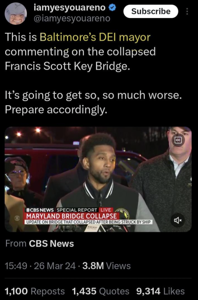 photo caption - iamyesyouareno Subscribe This is Baltimore's Dei mayor commenting on the collapsed Francis Scott Key Bridge. It's going to get so, so much worse. Prepare accordingly. Bcbs News Special Report Live Maryland Bridge Collapse Update On Bridge 