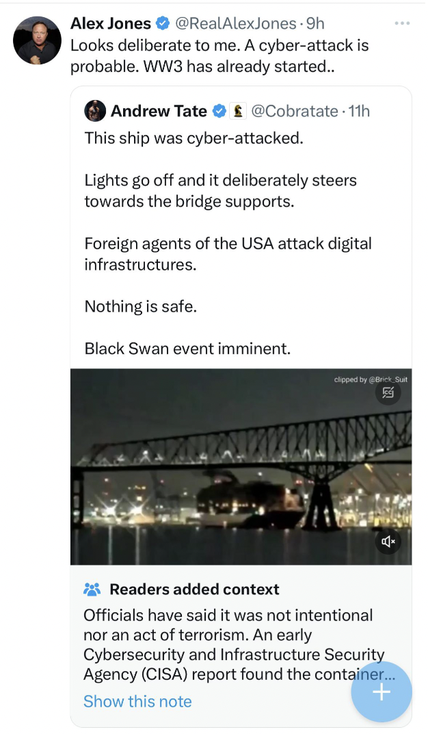 engineering - Alex Jones Looks deliberate to me. A cyberattack is probable. WW3 has already started.. Andrew Tate This ship was cyberattacked. Lights go off and it deliberately steers towards the bridge supports. Foreign agents of the Usa attack digital i