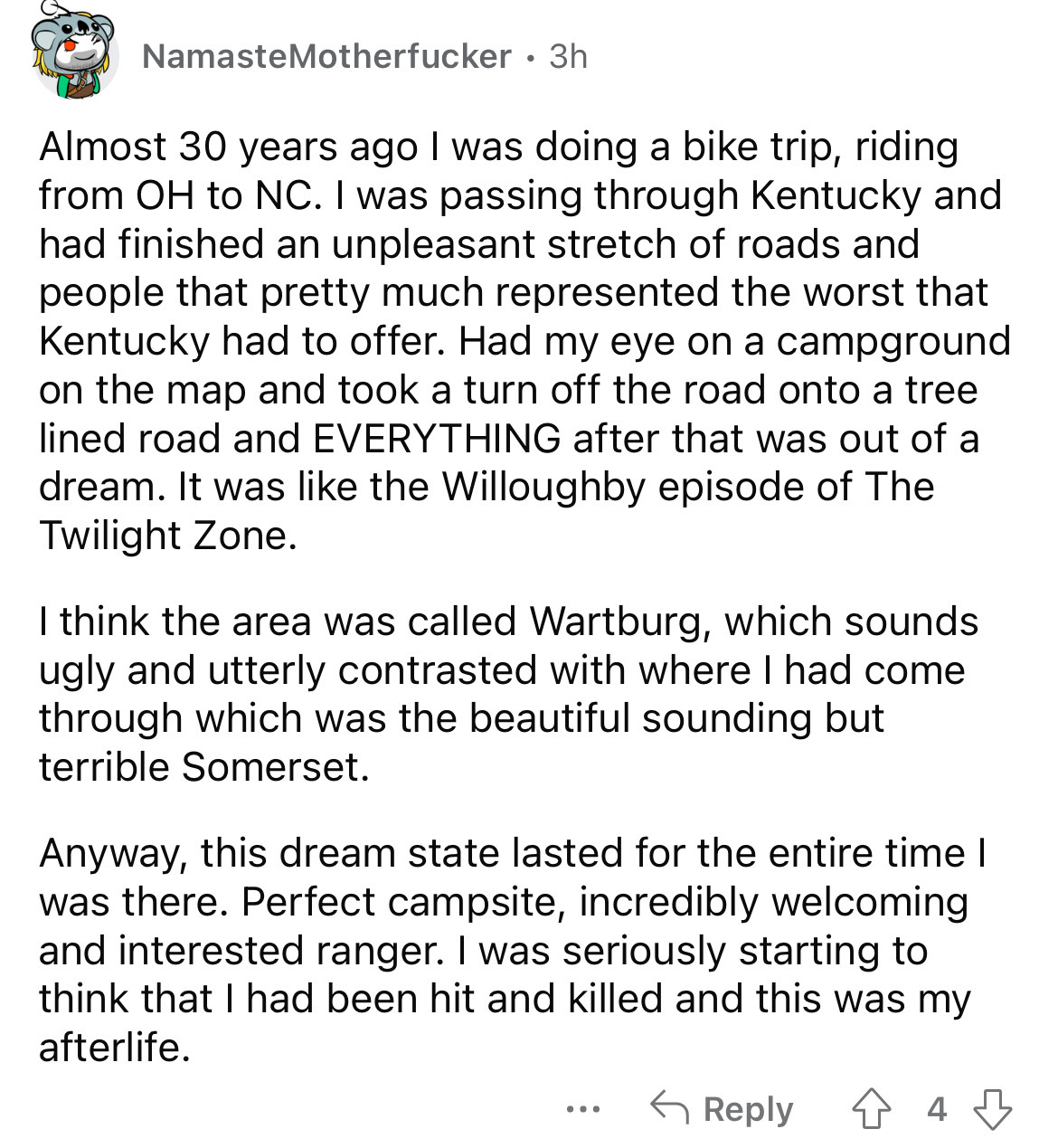 document - Namaste Motherfucker 3h Almost 30 years ago I was doing a bike trip, riding from Oh to Nc. I was passing through Kentucky and had finished an unpleasant stretch of roads and people that pretty much represented the worst that Kentucky had to off