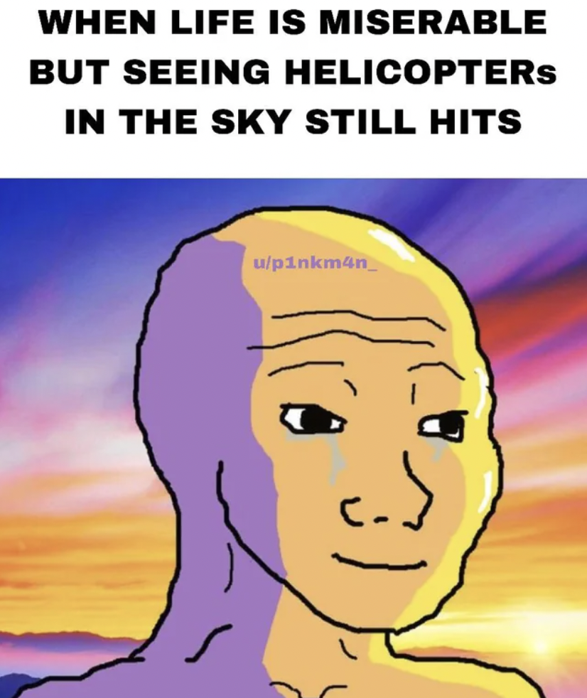 cartoon - When Life Is Miserable But Seeing Helicopters In The Sky Still Hits upinkm4n