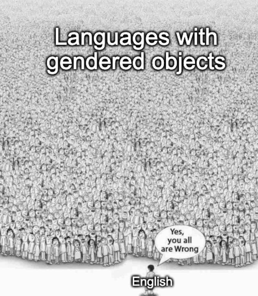 yes your all wrong meme - Languages with gendered objects Yes, you all are Wrong English