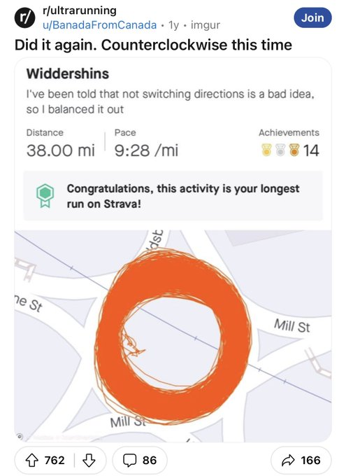 circle - r rultrarunning uBanada FromCanada 1y.imgur Join Did it again. Counterclockwise this time Widdershins I've been told that not switching directions is a bad idea, so I balanced it out Distance Pace 38.00 mi mi Achievements 88814 Congratulations, t