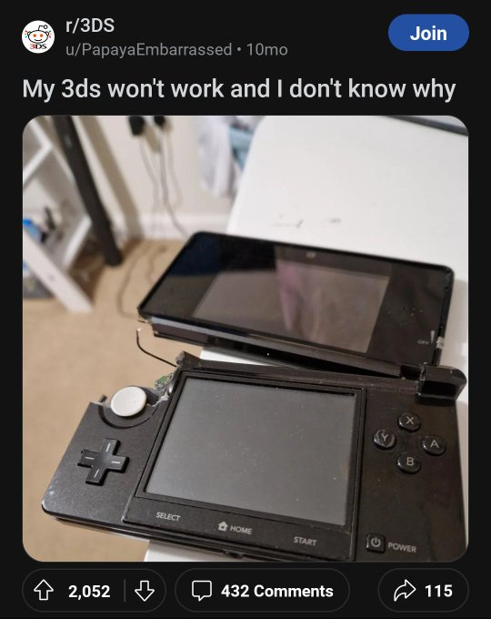 nintendo ds - 2,052 r3DS uPapayaEmbarrassed 10mo Join My 3ds won't work and I don't know why Select Home Start 432 G Power 115